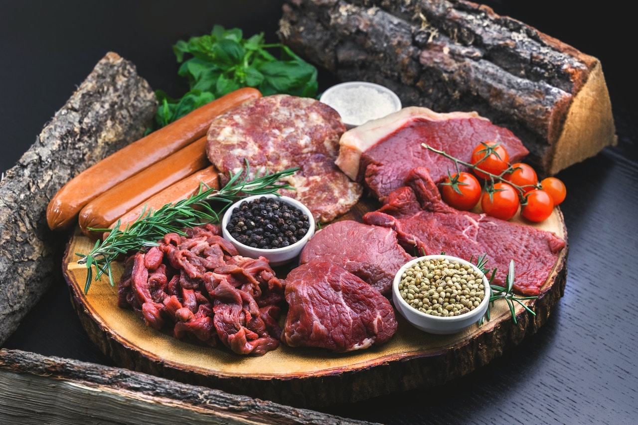 Beautifully presented meat tray for cooking demonstration.