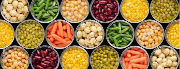 Open cans of colourful food.