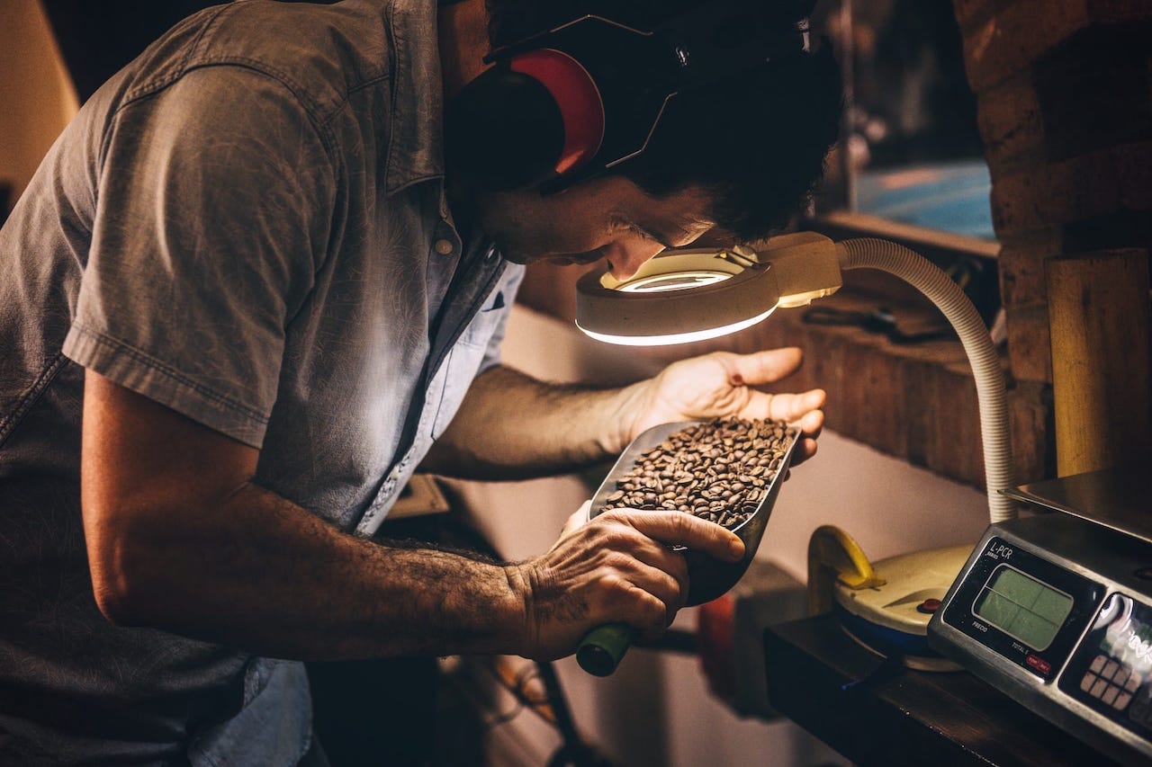 Coffee beans being examined by food producer