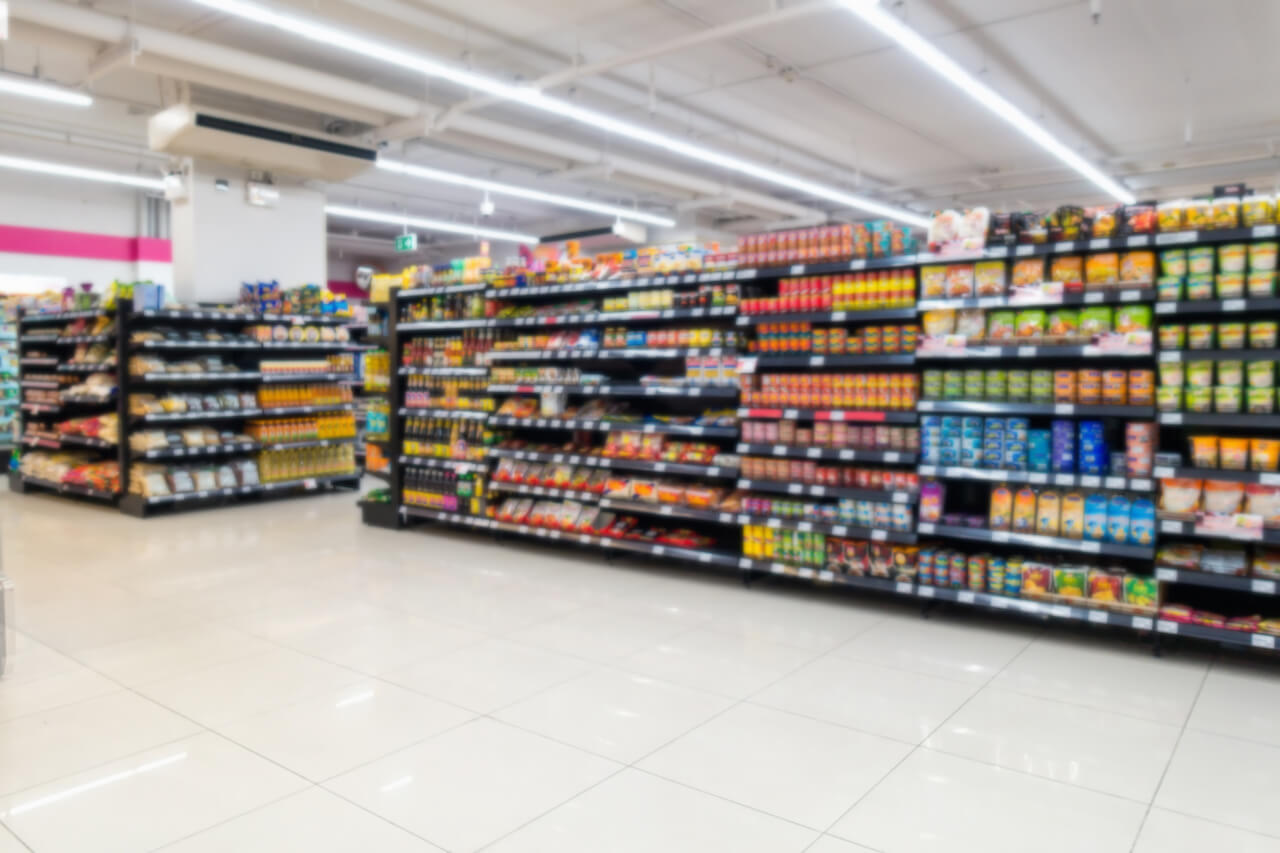 Packed shelves of packaged food