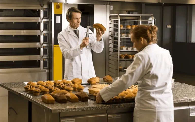 Scientists using vernier in bakery laboratory